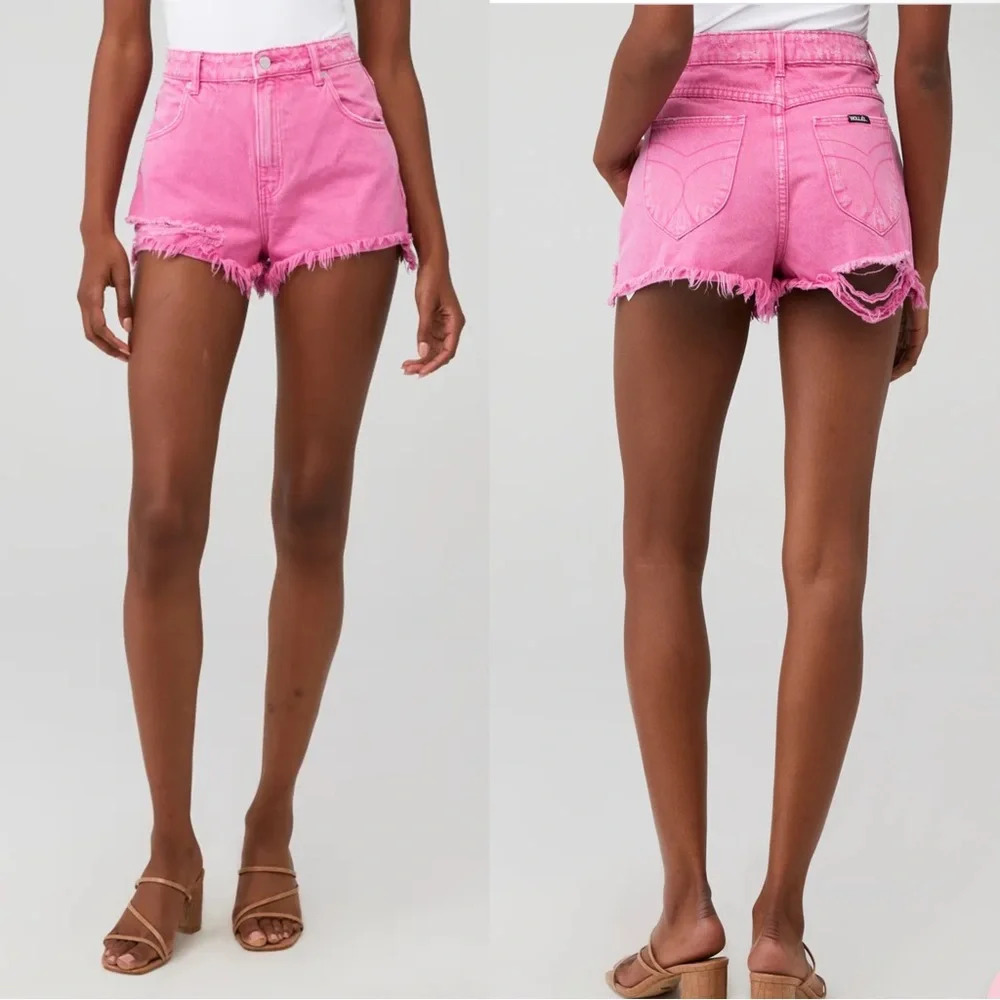 Rollas High Rise Slim Hot Pink Denim Shorts - distressed with frayed edges - Picture 1 of 4
